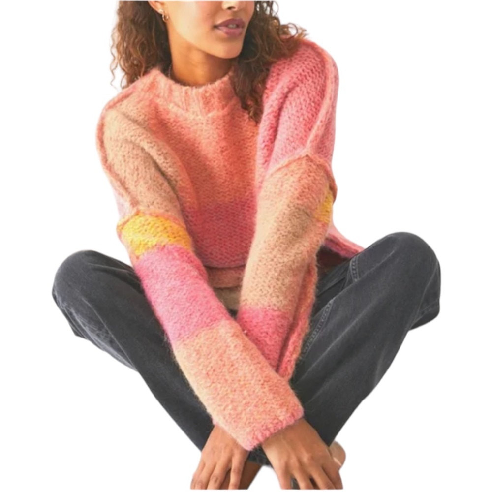 FREE PEOPLE Pink Combo Wool Blend Knit Sweater Sz Medium Domino Prairie Sunset
